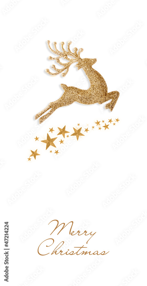 Golden Christmas deer and stars on a white background - obrazy, fototapety, plakaty 