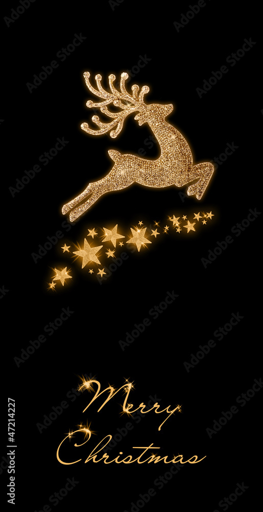 Golden Christmas deer and stars on a black background - obrazy, fototapety, plakaty 