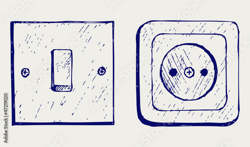 Single light switch and socket. Doodle style