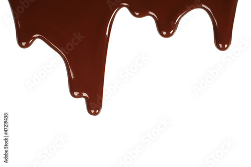 Melted chocolate dripping on white background