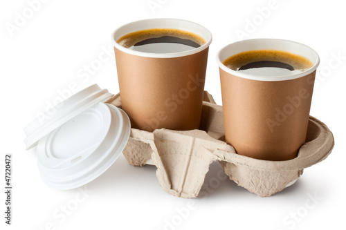 Two opened take-out coffee in holder