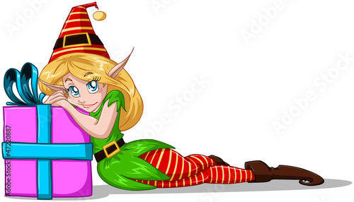 Elf Girl Leaning On Present For Christmas
