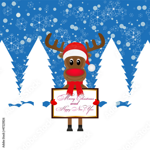 Christmas reindeer with Banner in fairy forest