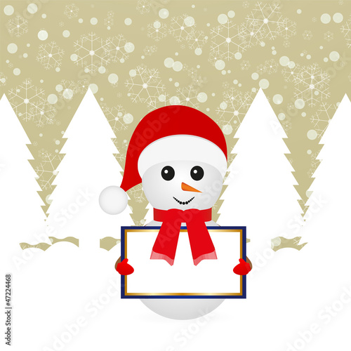 Snowman with banner in the forest