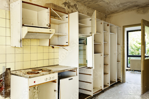 Canvastavla old kitchen destroyed, interior abandoned house
