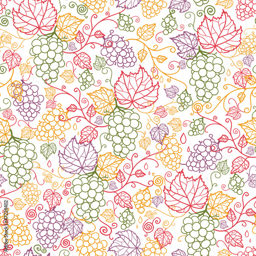 Vector line art grape vines seamless pattern background with