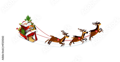 white background with Santa Claus flying his sleigh