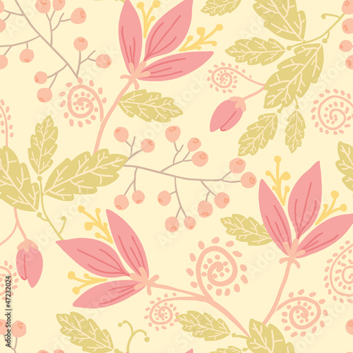 Vertical flowers and berries seamless pattern background with