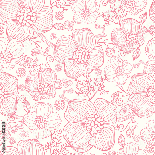 Vector red line art flowers elegant seamless pattern background