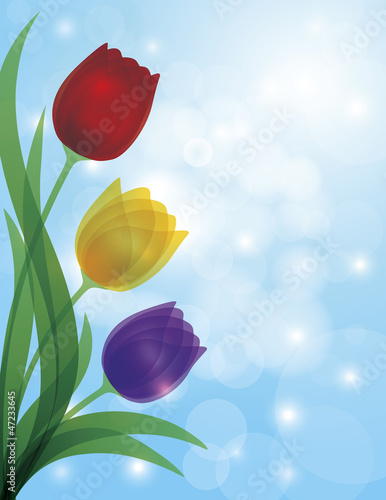Fototapeta Naklejka Na Ścianę i Meble -  Colorful Tulips Blue Bokeh Background Illustration