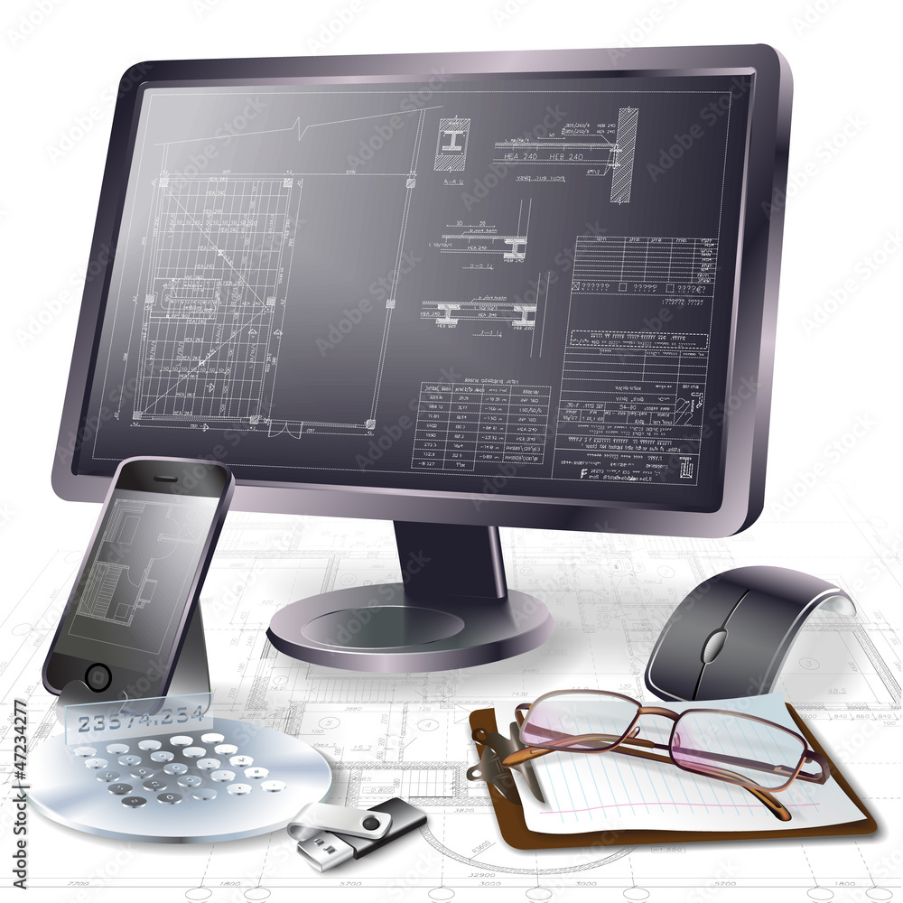 Architectural background with a monitor, office tools & drawings Stock ...