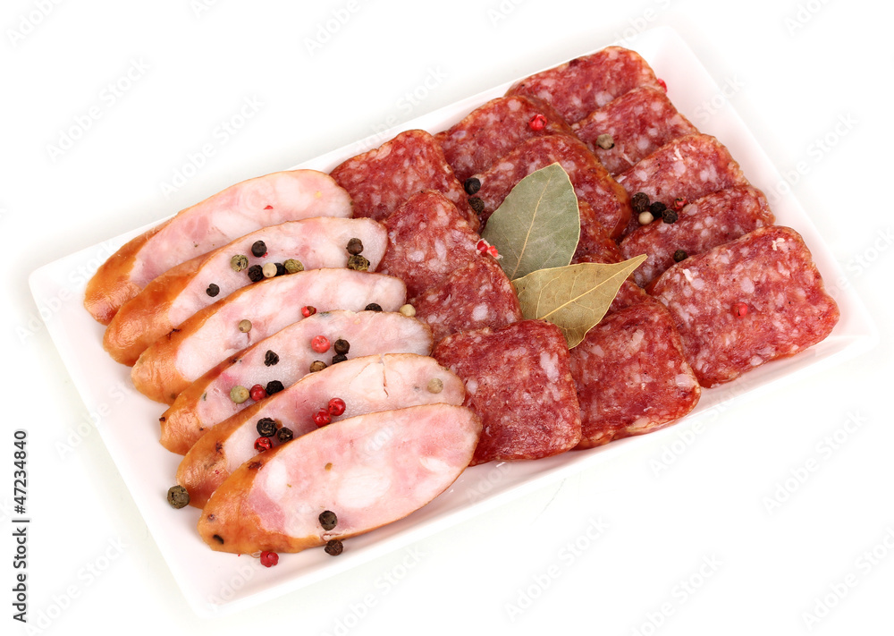Tasty sliced sausage on plate isolated on white Tasty sliced sausage on plate isolated on white