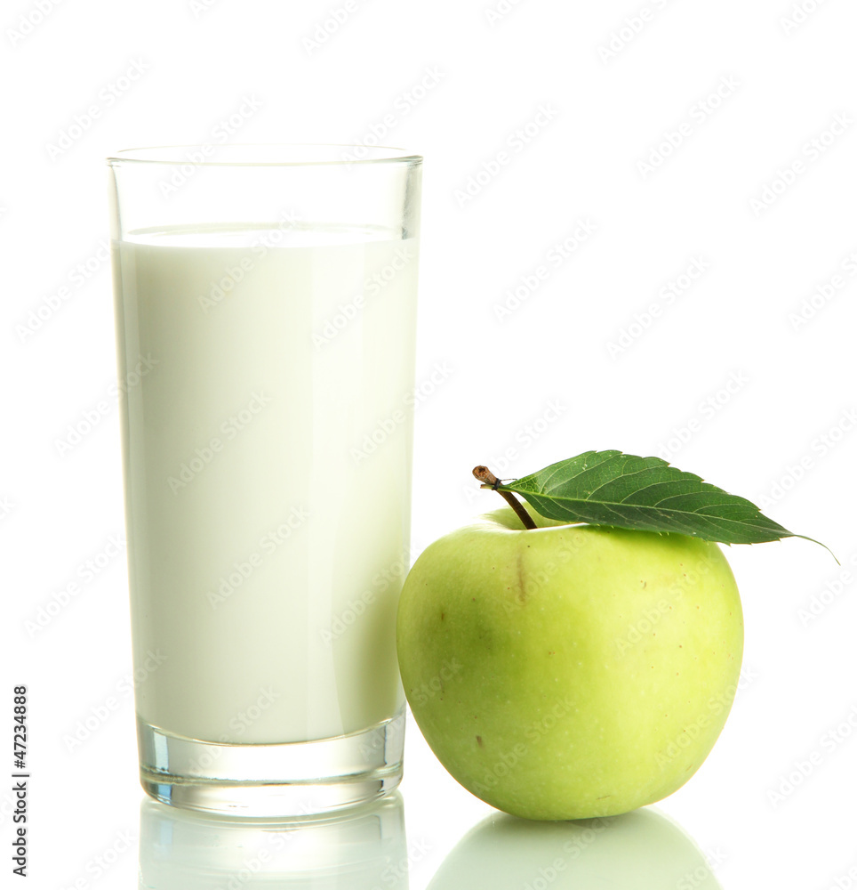 Glass of kefir and green apple, isolated on white Glass of kefir and green apple, isolated on white
