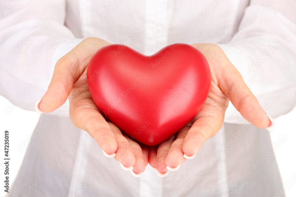 Red heart in woman's hands, on white background close-up Red heart in woman's hands, on white background close-up