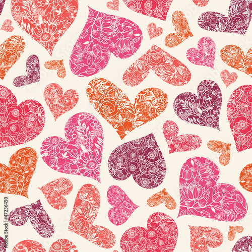 Vector Textured Red Hearts Seamless Pattern Background with many