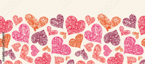 Vector Textured Red Hearts Horizontal Seamless Pattern Ornament