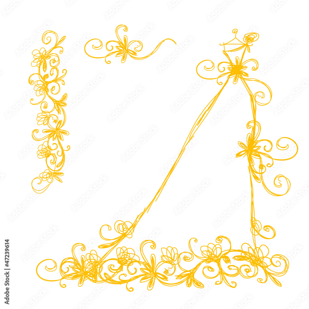 Sketch of bridal dress with floral ornament for your design Sketch of bridal dress with floral ornament for your design
