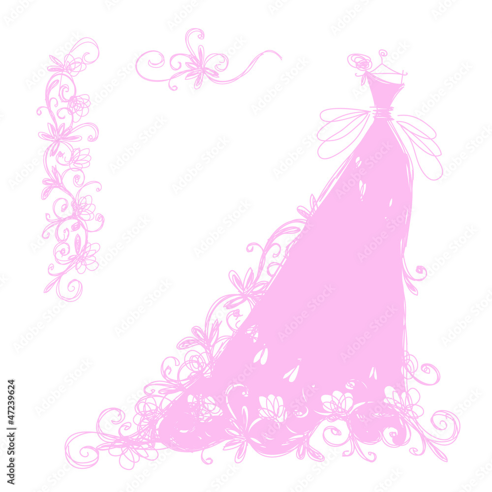 Sketch of bridal dress with floral ornament for your design Sketch of bridal dress with floral ornament for your design