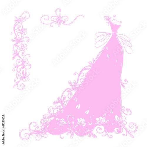 Sketch of bridal dress with floral ornament for your design
