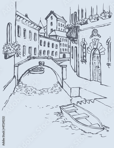 Vector drawing. Canal narrow Venetian street with bridge and gon