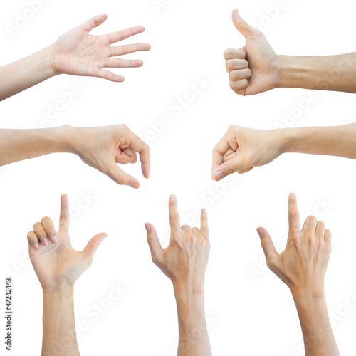 Photo Set of many different hands mix over white isolated backgr