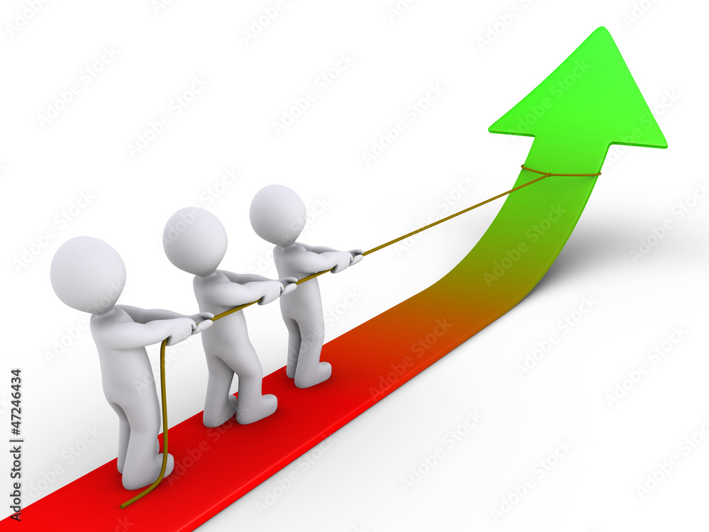 Three people pulling arrow upwards with rope Three people pulling arrow upwards with rope