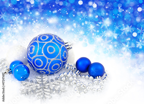 Blue balls and silver christmas decoration baubles