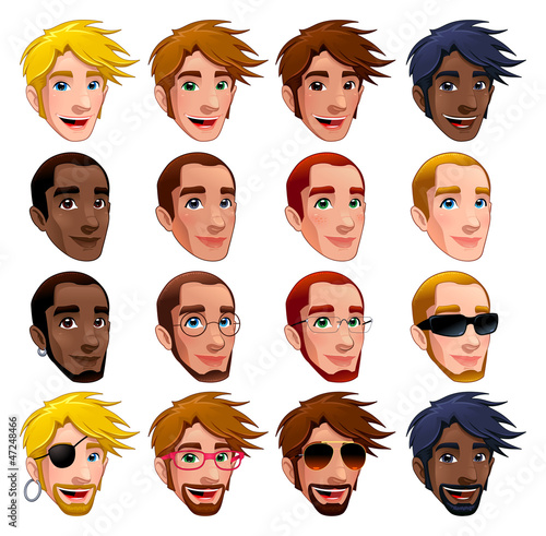 Male faces, vector isolated characters.