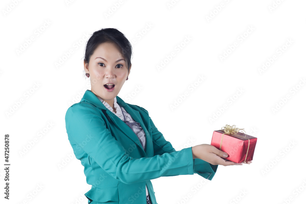 Portrait of beautiful Asian woman holding a gift box