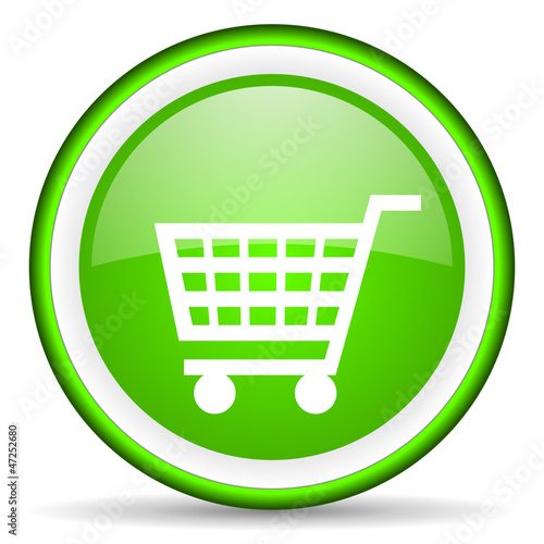 shopping cart green glossy icon on white background