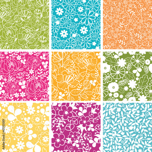 Set Of Nine Spring Flowers Seamless Patterns Backgrounds