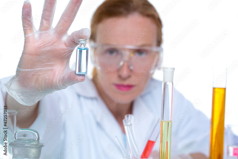 chemical laboratory scientist woman working with bottle chemical laboratory scientist woman working with bottle