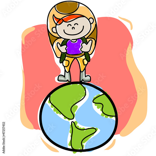 hand-drawn cartoon traveller on the planet earth