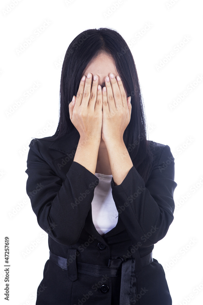 Businesswoman cover face isolated in white Businesswoman cover face isolated in white