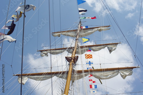 Masts and nautical flags on Schooner from Mexico