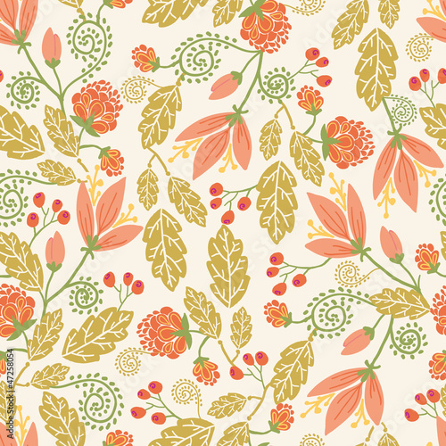 Vector colorful flowers and berries seamless pattern with hand