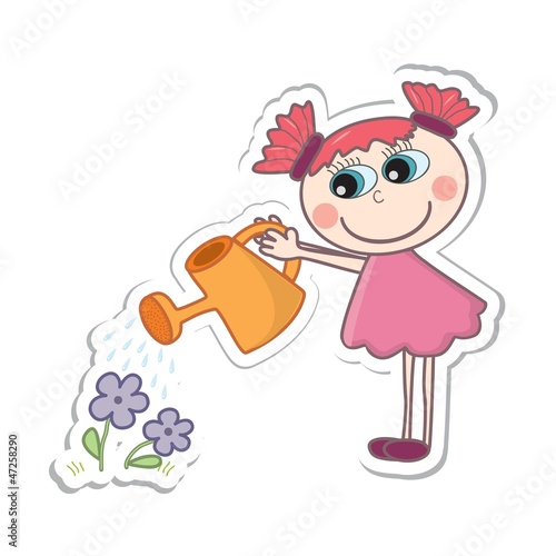 A little cartoon girl watering flowers. Vector illustration.