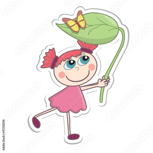 A little cartoon girl with a lief and a butterfly on it.