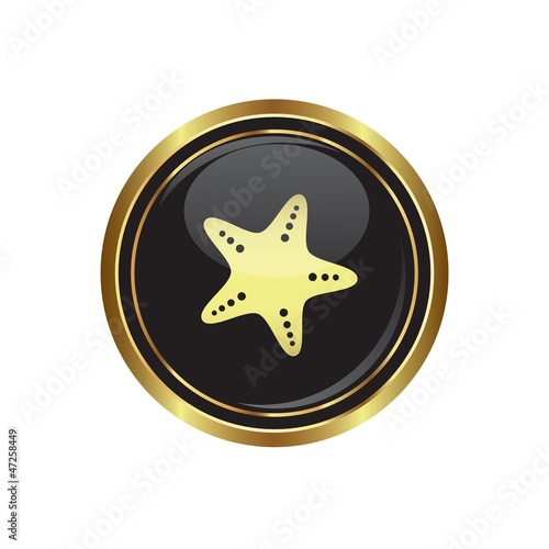 Round golden button with starfish icon. Vector illustration