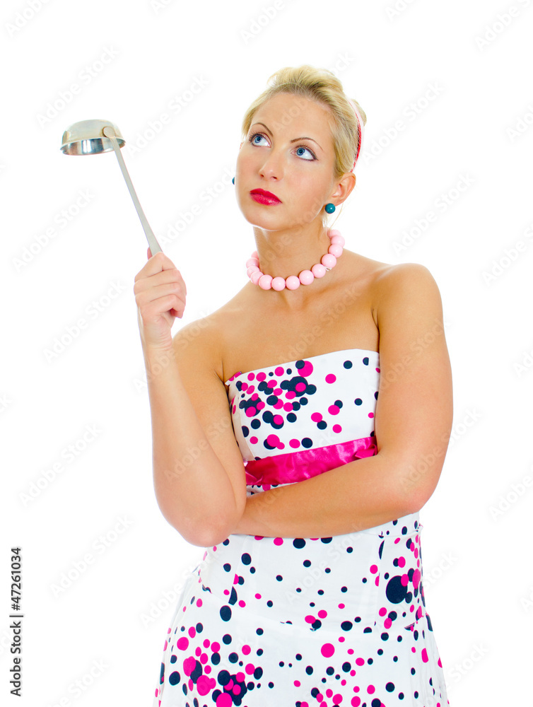Pin-up portrait of woman with ladle. Isolated on white. Pin-up portrait of woman with ladle. Isolated on white.