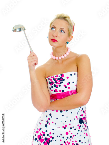 Pin-up portrait of woman with ladle. Isolated on white.