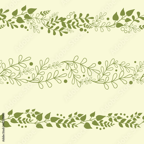 Three vector green plants horizontal seamless pattern background