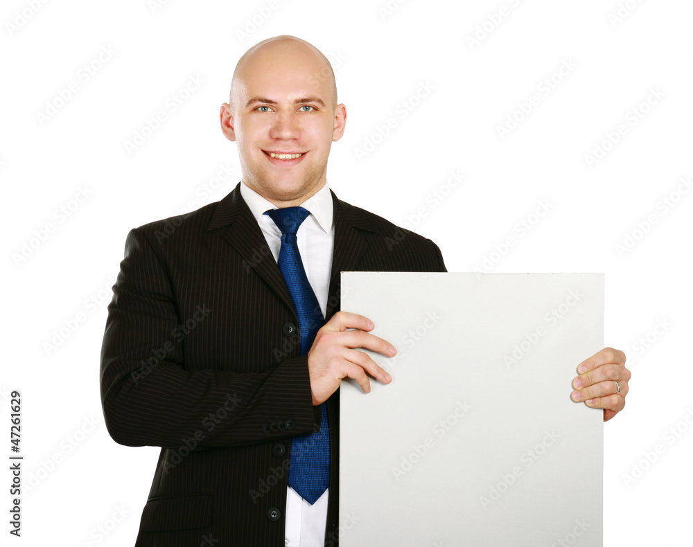 A business man with an empty blank, isolated on white background A business man with an empty blank, isolated on white background