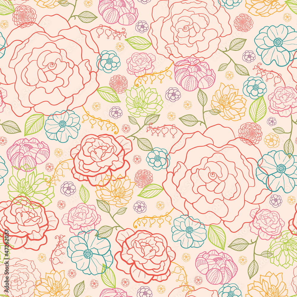 Vector pink roses seamless pattern background with line art