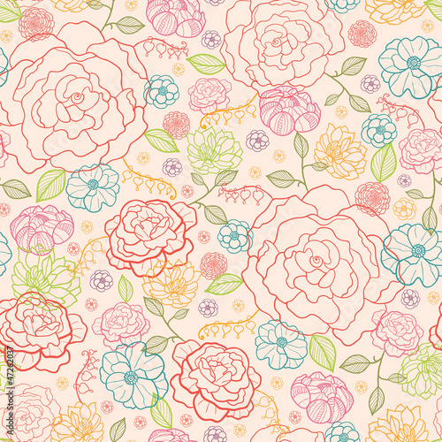 Vector pink roses seamless pattern background with line art