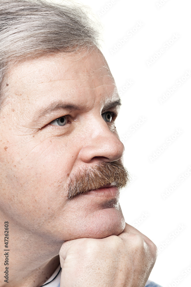 portrait of thoughtful mature caucasian man isolated on white portrait of thoughtful mature caucasian man isolated on white