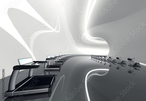 Futuristic modern gym with treadmill and elliptical trainer