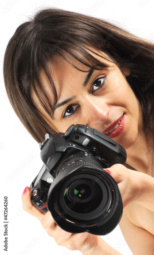 Fhotographer woman with professional camera Fhotographer woman with professional camera