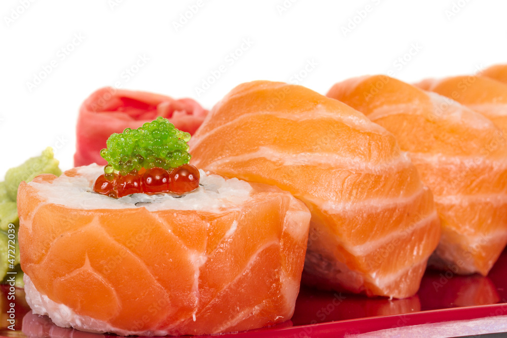 Japanese sushi traditional japanese food.Roll made of salmon, re