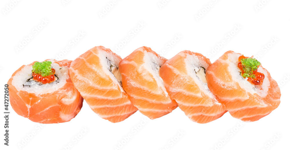 Japanese sushi traditional japanese food.Roll made of salmon, re Japanese sushi traditional japanese food.Roll made of salmon, re